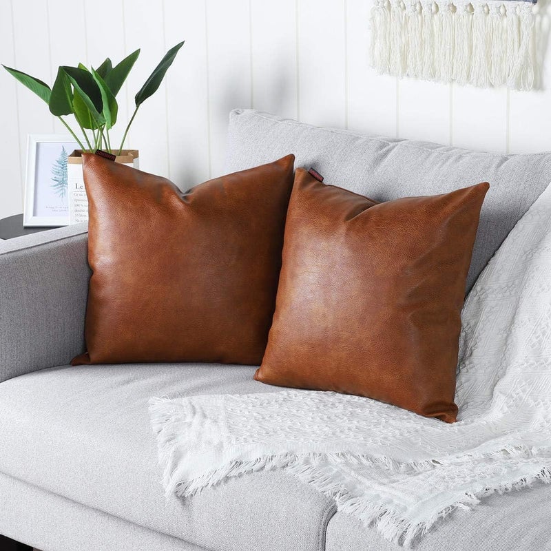 MANDIOO Set of 2 Faux Leather Decorative Throw Pillow Covers Modern Solid Outdoor Cushion Cases Luxury Pillowcases for Couch Sofa Bed 24x24 Inches Brown - Image 3