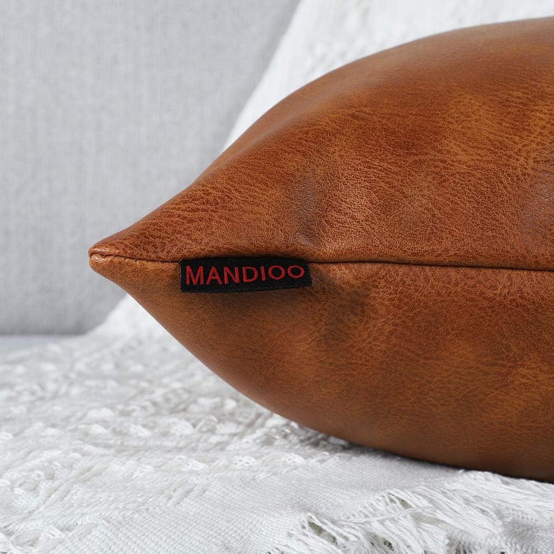 MANDIOO Set of 2 Faux Leather Decorative Throw Pillow Covers Modern Solid Outdoor Cushion Cases Luxury Pillowcases for Couch Sofa Bed 24x24 Inches Brown - Image 4