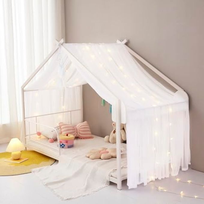 Mengersi Bed Canopy House Canopy Bed Curtains With Lights For Girls Boys,Voile Sheer Window Scarf,Fit For House Metal Floor Twin Full Bed Decorations (White) - Image 5