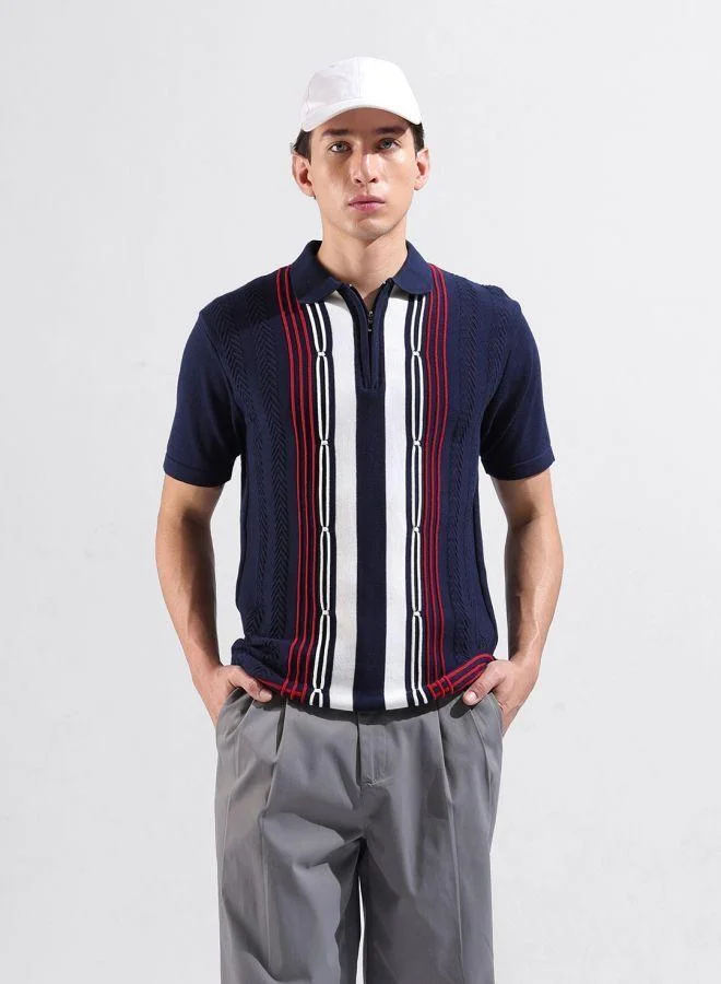 The Indian Garage Co Men Slim Fit Textured Polo Neck Half Sleeves T-Shirt