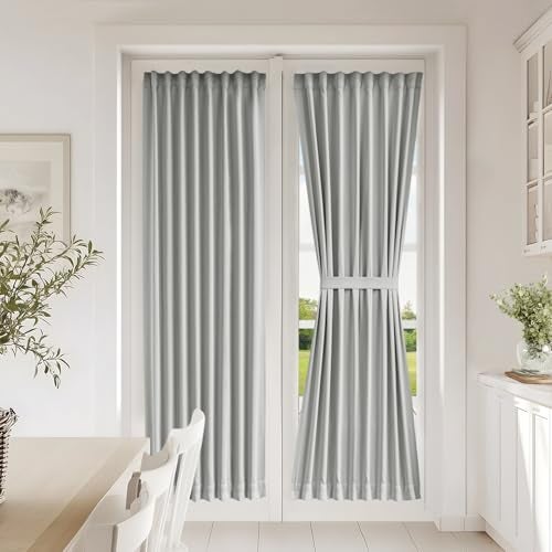 Vatge Front Door Curtains for Glass Window - Self Adhesive French Door Curtain with Tieback for Patio Door, 1 Panel, W25 x L72, Silver Grey - Image 1