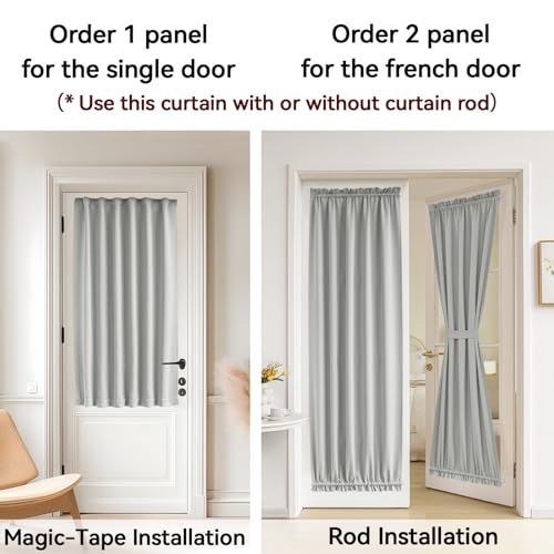 Vatge Front Door Curtains for Glass Window - Self Adhesive French Door Curtain with Tieback for Patio Door, 1 Panel, W25 x L72, Silver Grey - Image 4
