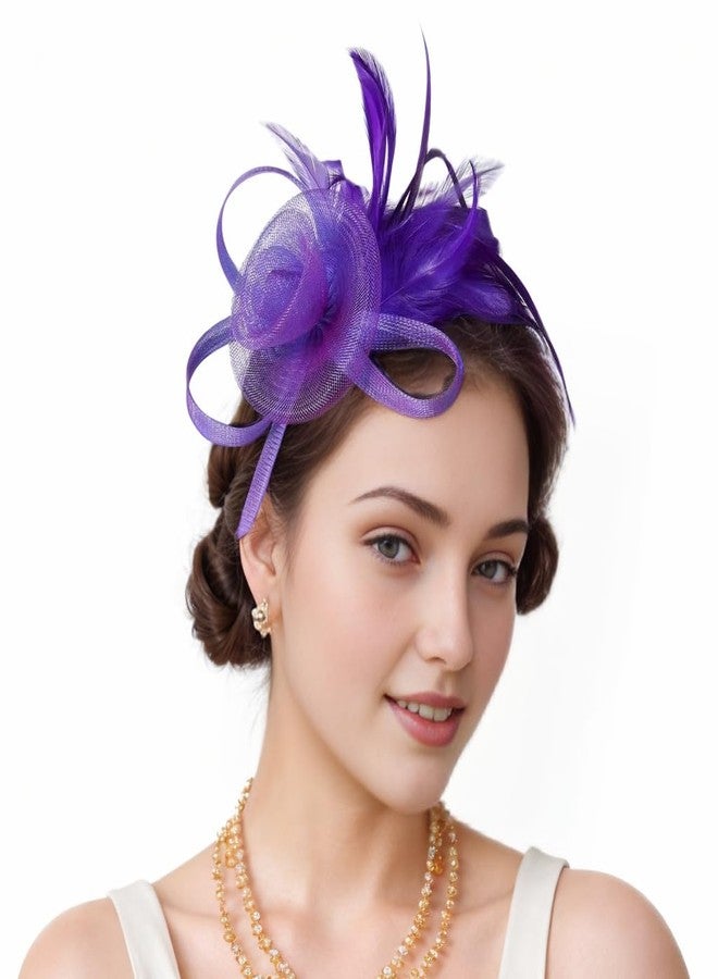 Ayliss Fascinators Hats 20s 50s Pillbox Hat Tulle Fascinators for Women Tea Party Headband Clip Hat Wedding Cocktail Headwear (Purple) - Image 3