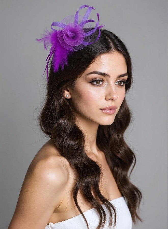 Ayliss Fascinators Hats 20s 50s Pillbox Hat Tulle Fascinators for Women Tea Party Headband Clip Hat Wedding Cocktail Headwear (Purple) - Image 5