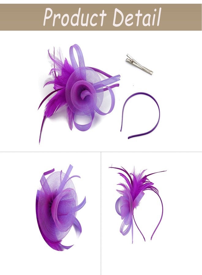 Ayliss Fascinators Hats 20s 50s Pillbox Hat Tulle Fascinators for Women Tea Party Headband Clip Hat Wedding Cocktail Headwear (Purple) - Image 2