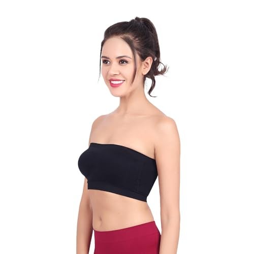 Luella Women's Spandex Strapless Seamless Solid Padded Bandeau Tube Bra | Wire Free Stretchable Full Coverage with Removable Pull On Pads Bralette Bras (Free Size) Black - Image 2
