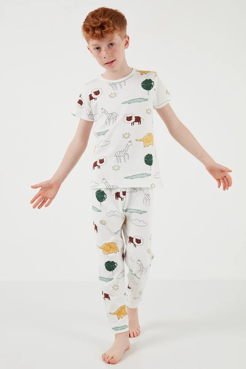 Lela Patterned 100% Cotton Crew Neck Pajama Set Boy's Pajama Set 6651001