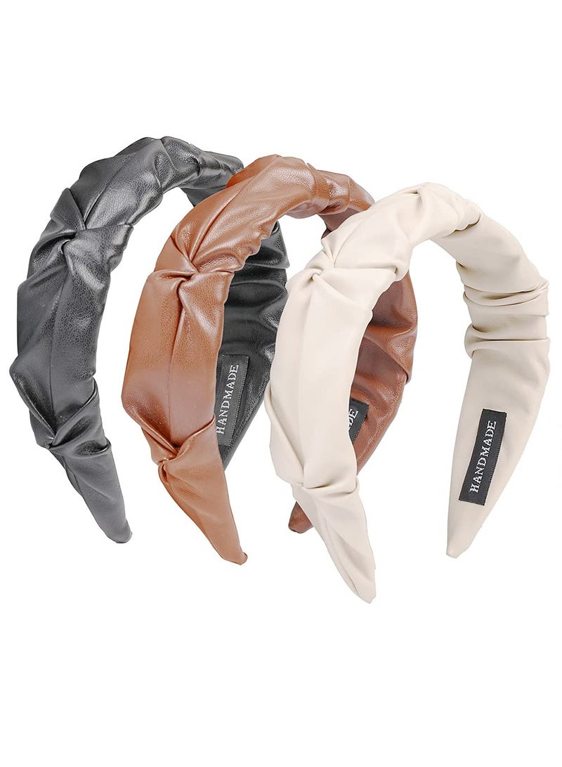 SOLARAE 3 Pcs Pu Leather Headbands, Folds Headbands Headwear Barrette Styling Tools Accessories for Girls and Women, Fashion Hair Hoop Solid Hairband for Girls Hair Accessories（Black, Brown, Beige） - Image 2
