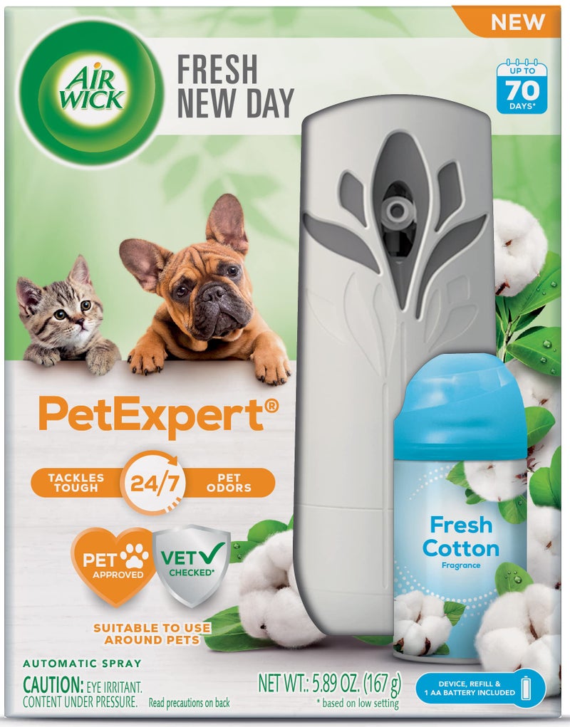 Air Wick Automatic Spray Starter Kit Fresh New Day Pet Fresh Cotton, Air Freshener, Essential Oils, Odor Neutralization - Image 1