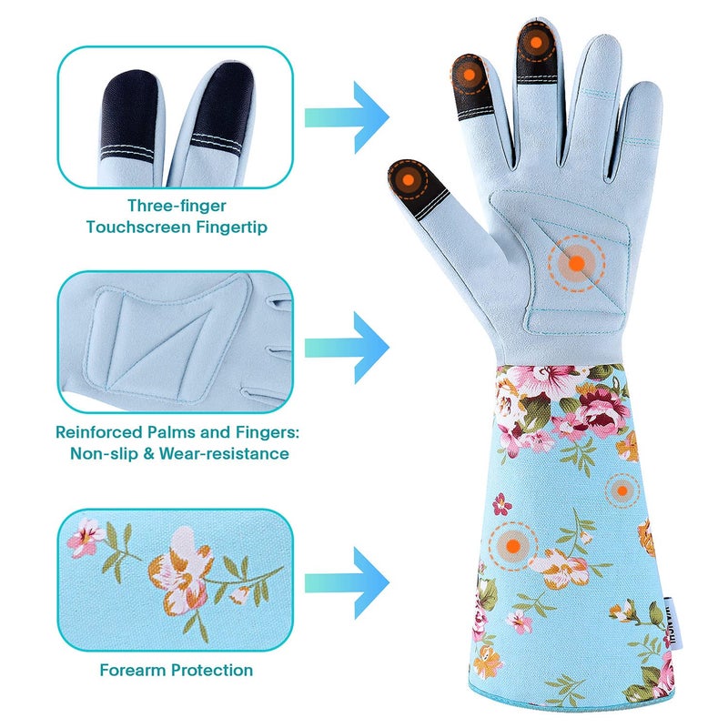 WANCHI Long Gardening Gloves for Women, Breathable Flexible Fit, Comfortable Durable Work Gloves for Planting, Weeding & Outdoor Yard Activities, Blue Medium - Image 2