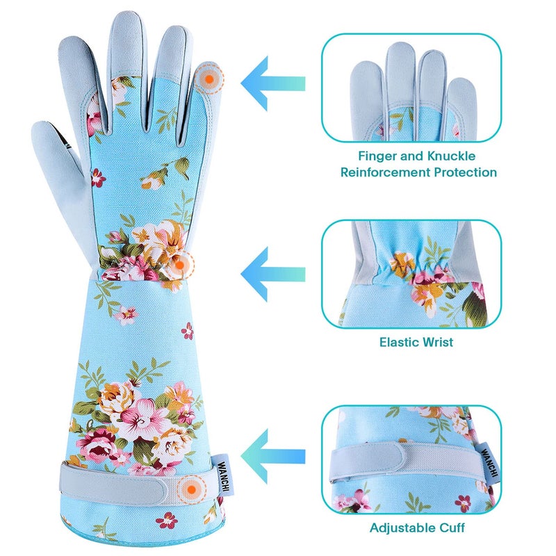 WANCHI Long Gardening Gloves for Women, Breathable Flexible Fit, Comfortable Durable Work Gloves for Planting, Weeding & Outdoor Yard Activities, Blue Medium - Image 3