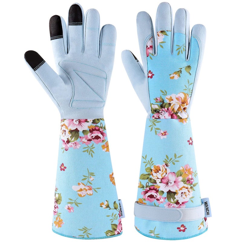 WANCHI Long Gardening Gloves for Women, Breathable Flexible Fit, Comfortable Durable Work Gloves for Planting, Weeding & Outdoor Yard Activities, Blue Medium - Image 1