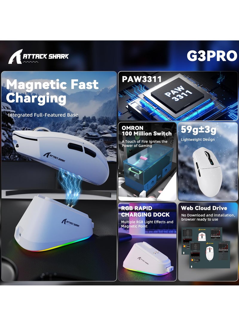 Attack Shark G3PRO Wireless Gaming Mouse with RGB Charging Dock,2.4G/USB-C Wired/BT PAW3311 Optical Sensor 1K Polling Rate Adjustable 25K DPI,500mAh Battery Ultra Lightweight 59g Mice - Image 2