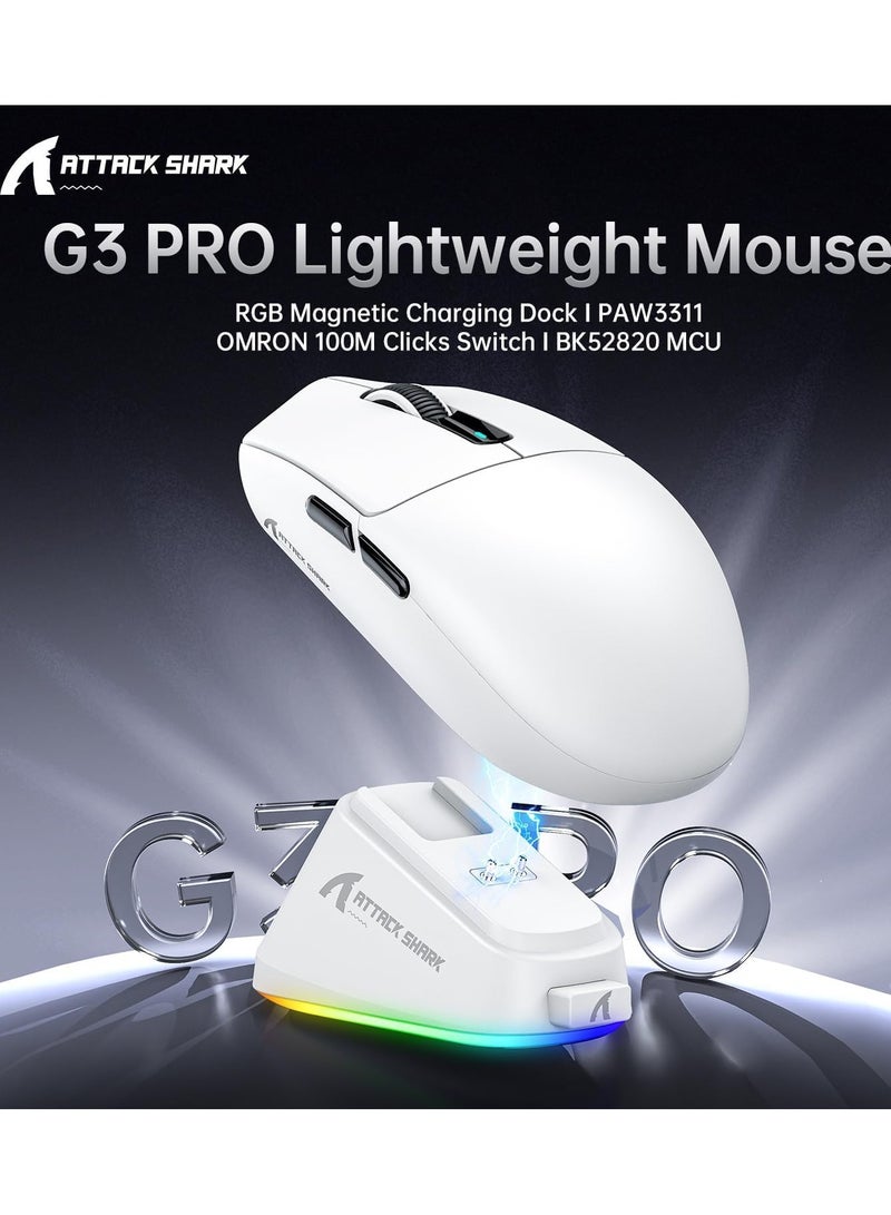 Attack Shark G3PRO Wireless Gaming Mouse with RGB Charging Dock,2.4G/USB-C Wired/BT PAW3311 Optical Sensor 1K Polling Rate Adjustable 25K DPI,500mAh Battery Ultra Lightweight 59g Mice - Image 3