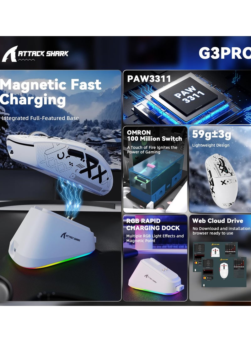 هجوم القرش ماوس ألعاب لاسلكي G3PRO مع قاعدة شحن RGB، 2.4 جيجاهرتز/USB-C سلكي/بلوتوث PAW3311، مستشعر بصري، معدل استطلاع 1K قابل للتعديل، 25 ألف نقطة في البوصة، بطارية 500 مللي أمبير/ساعة، فأرة خفيفة الوزن للغاية 59 جرام - Image 2