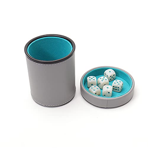 Luck Lab Grey Leather Dice Cup with Lid Including 6 Matching Pearl Dice Teal Velvet Interior for Quiet Shaking Use for Liars Dice Farkle Yahtzee Board Games Grey - Image 5
