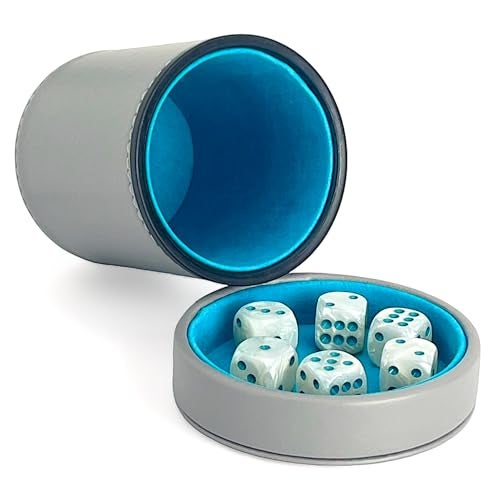 Luck Lab Grey Leather Dice Cup with Lid Including 6 Matching Pearl Dice Teal Velvet Interior for Quiet Shaking Use for Liars Dice Farkle Yahtzee Board Games Grey - Image 1