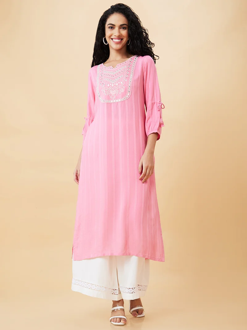 globus Women Pink Ethnic Motifs Embroidered Mirror Work A-Line Kurta