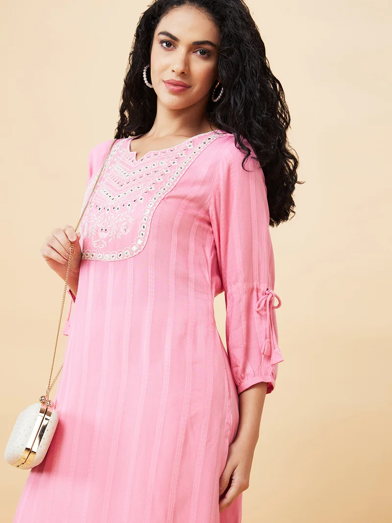 globus Women Pink Ethnic Motifs Embroidered Mirror Work A-Line Kurta