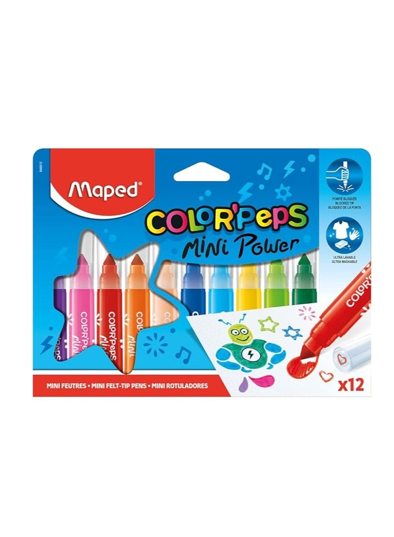 Maped Color'Peps Mini Power Children's Colouring Pens, Broad Tip and Cap with Stamp Design, Washable Ink – Pack of 12 Assorted Colours - Image 1
