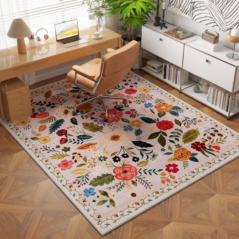 Rugcomf Bedroom Rug 3x5 Rug Washable Area Rug Non Slip Low Pile Boho Floral Small Carpet for Bedroom, Bedside, Kitchen, Entryway, Kids Room, Office, College Dorm Essentials for Girls(Beige) - Image 3