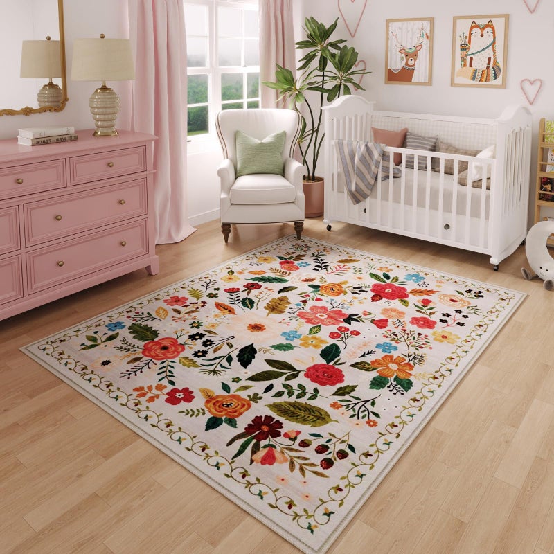 Rugcomf Bedroom Rug 3x5 Rug Washable Area Rug Non Slip Low Pile Boho Floral Small Carpet for Bedroom, Bedside, Kitchen, Entryway, Kids Room, Office, College Dorm Essentials for Girls(Beige) - Image 1