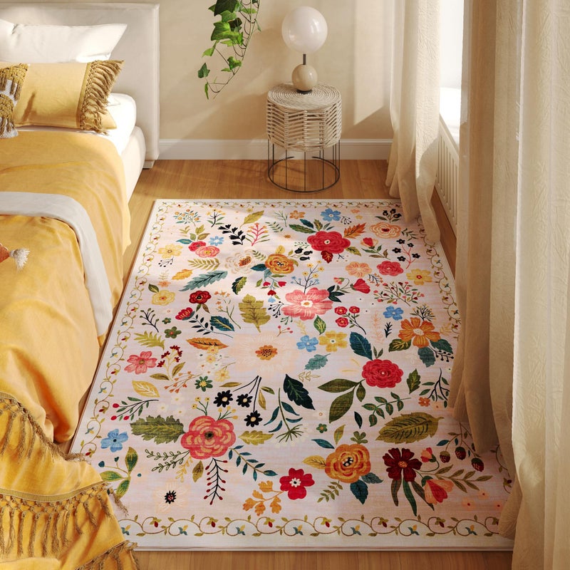 Rugcomf Bedroom Rug 3x5 Rug Washable Area Rug Non Slip Low Pile Boho Floral Small Carpet for Bedroom, Bedside, Kitchen, Entryway, Kids Room, Office, College Dorm Essentials for Girls(Beige) - Image 2