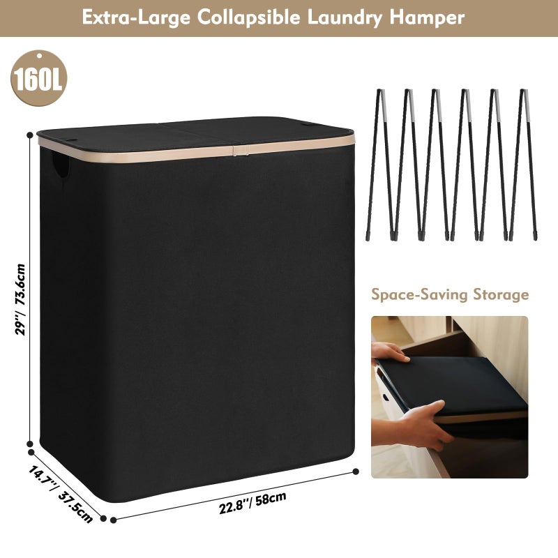 DOKEHOM 160L Double Laundry Basket with Removable Lid and Laundry Bags, Large Collapsible Laundry Hamper with 2 Sections (Black) - Image 3