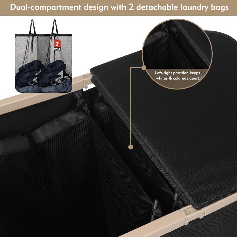 DOKEHOM 160L Double Laundry Basket with Removable Lid and Laundry Bags, Large Collapsible Laundry Hamper with 2 Sections (Black) - Image 4