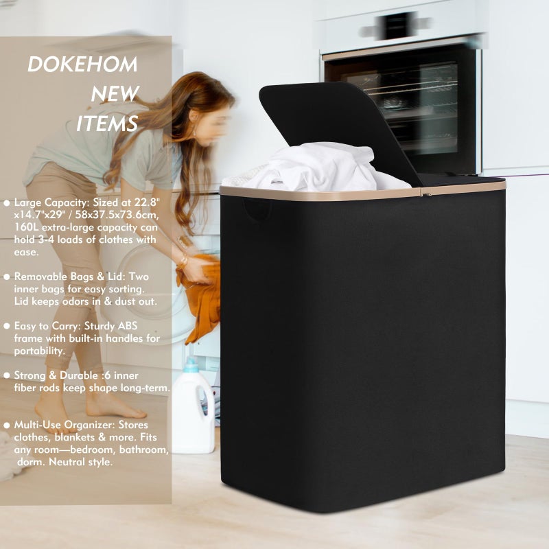 DOKEHOM 160L Double Laundry Basket with Removable Lid and Laundry Bags, Large Collapsible Laundry Hamper with 2 Sections (Black) - Image 2