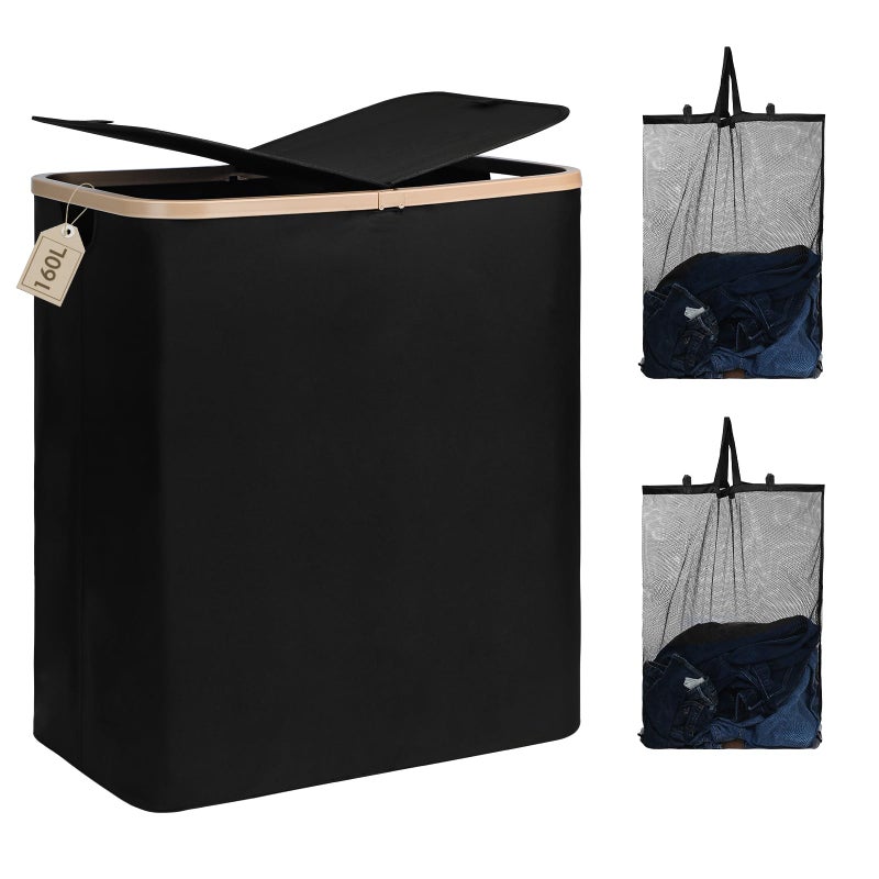 DOKEHOM 160L Double Laundry Basket with Removable Lid and Laundry Bags, Large Collapsible Laundry Hamper with 2 Sections (Black) - Image 1