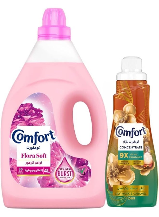 Comfort Fabric Softener Duo Pack, Flora Soft 4L & Lily Musk & Caramel Concentrate 650ml