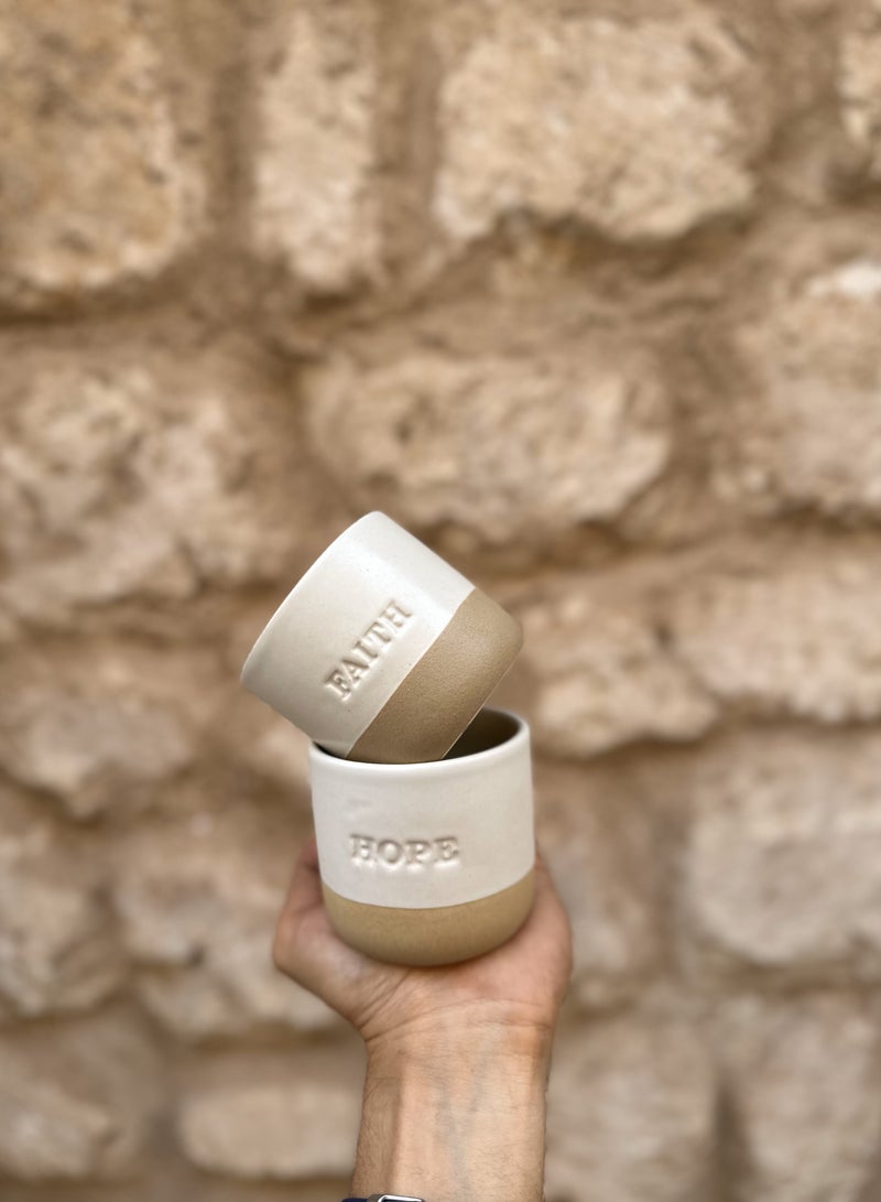 Tohfa Luxe Hope & Faith Ceramic Cup Set – 2 Handcrafted 175 ml Cups with English & Arabic Script, Artisan Ceramic, Dishwasher Safe, Inspirational Gift Set - Image 1