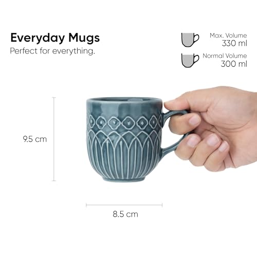 Shay Ceramic Coffee Mug Set, Set of 2, 330ml, Blue Grey Carving | Medium Mug | Glossy Finish | Porcelain Coffee Cup Set | Microwave Safe (Carving Milk Mug, Blue Grey, Set of 2) - Image 4