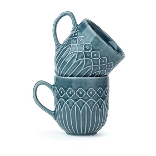 Shay Ceramic Coffee Mug Set, Set of 2, 330ml, Blue Grey Carving | Medium Mug | Glossy Finish | Porcelain Coffee Cup Set | Microwave Safe (Carving Milk Mug, Blue Grey, Set of 2) - Image 1