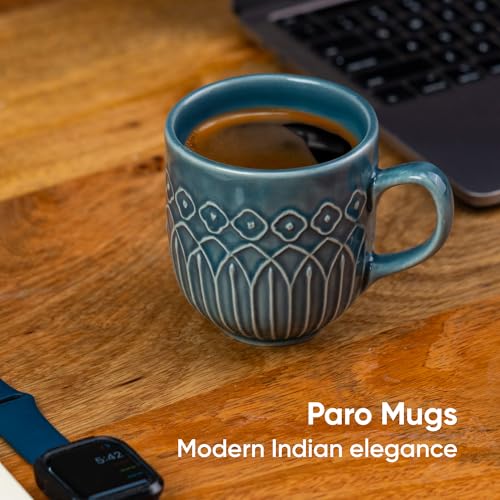 Shay Ceramic Coffee Mug Set, Set of 2, 330ml, Blue Grey Carving | Medium Mug | Glossy Finish | Porcelain Coffee Cup Set | Microwave Safe (Carving Milk Mug, Blue Grey, Set of 2) - Image 2