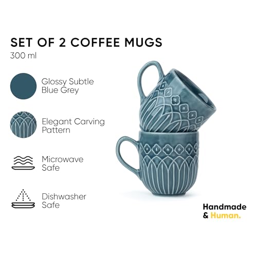 Shay Ceramic Coffee Mug Set, Set of 2, 330ml, Blue Grey Carving | Medium Mug | Glossy Finish | Porcelain Coffee Cup Set | Microwave Safe (Carving Milk Mug, Blue Grey, Set of 2) - Image 3