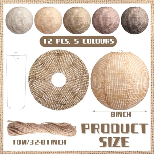 Rossesay 12 Pcs Burlap Hanging Paper Lantern 8 Inch Back to School Party Decoration Boho Classroom Ceiling Decoration Chinese Party Decor for Birthday Wedding Bridal Baby Shower(Retro Colors) - Image 2