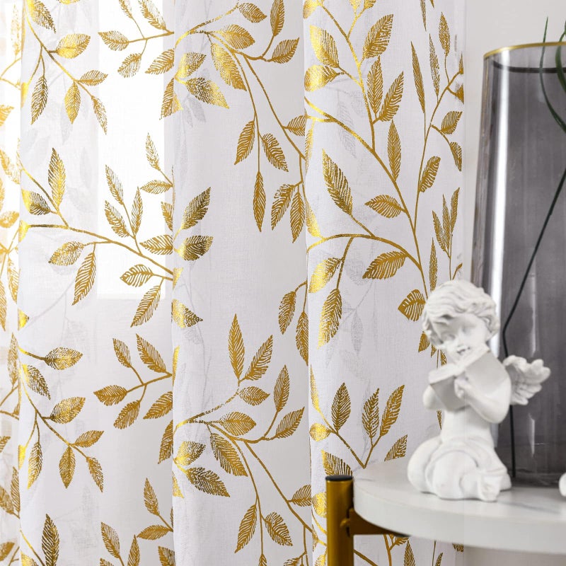 Deeprove White Sheer Curtains 90 inches Long for Bedroom Living Room Dining Room Nursery  Abstract Metallic Gold Foil Vine Leaves Print Golden Window Treatments Pair Set  W52 x L90 Inch  2 Panels - Image 4