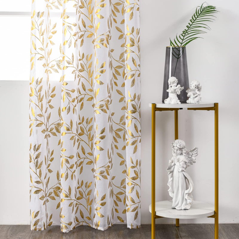 Deeprove White Sheer Curtains 90 inches Long for Bedroom Living Room Dining Room Nursery  Abstract Metallic Gold Foil Vine Leaves Print Golden Window Treatments Pair Set  W52 x L90 Inch  2 Panels - Image 3