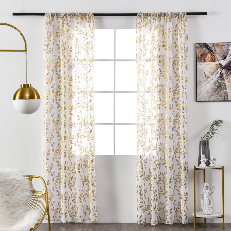 Deeprove White Sheer Curtains 90 inches Long for Bedroom Living Room Dining Room Nursery  Abstract Metallic Gold Foil Vine Leaves Print Golden Window Treatments Pair Set  W52 x L90 Inch  2 Panels - Image 5