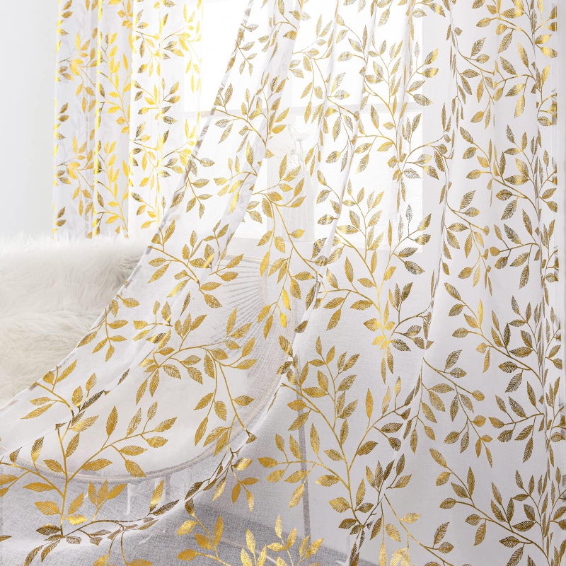 Deeprove White Sheer Curtains 90 inches Long for Bedroom Living Room Dining Room Nursery  Abstract Metallic Gold Foil Vine Leaves Print Golden Window Treatments Pair Set  W52 x L90 Inch  2 Panels - Image 1
