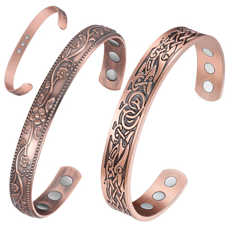 Feraco 11X Magentic Copper Bracelet for Women 9999 Pure Copper Cuff Bangles with Magnets Adjustable Jewelry Gifts Viking Blossom