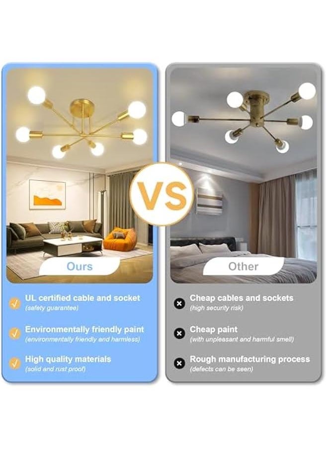 HOOKOR Modern Sputnik Chandelier, Ceiling Light Fixture, Black Mid Century Semi Flush Mount Ceiling Lights Fixture for Bedroom, Dining Room, Living Room Kitchen, Bulbs Not Included  - Image 3