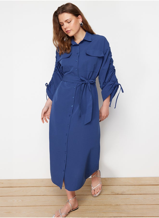 trendyol Saks Belted Cotton Woven Shirt Dress with Adjustable Sleeves Detail TCTSS23EB00365  - Image 1