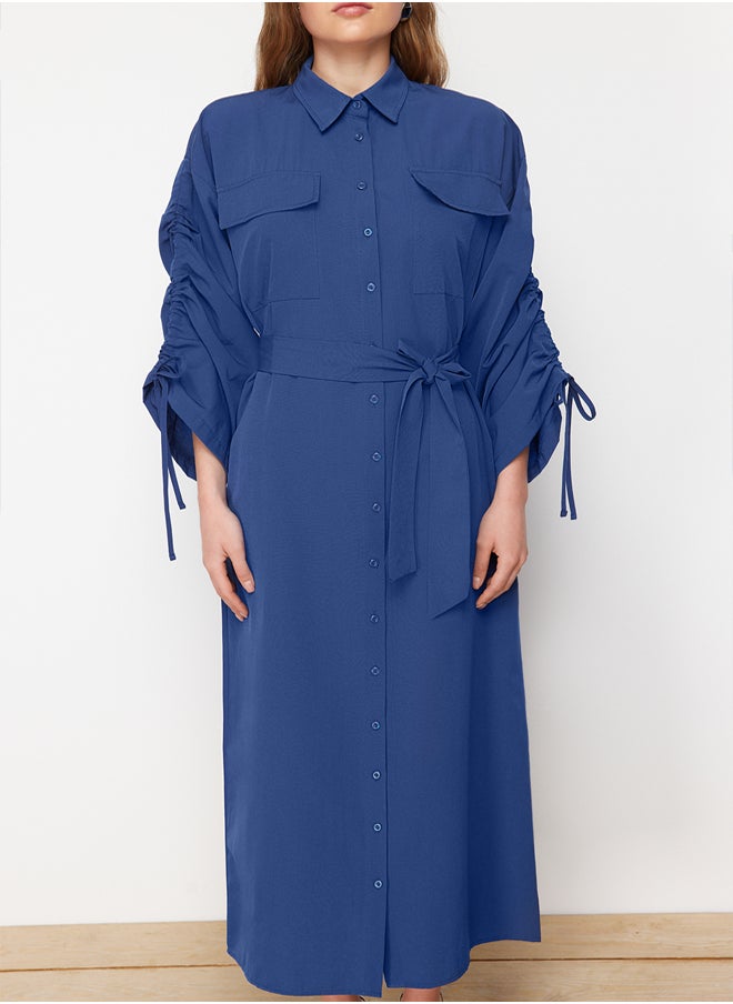 trendyol Saks Belted Cotton Woven Shirt Dress with Adjustable Sleeves Detail TCTSS23EB00365  - Image 4
