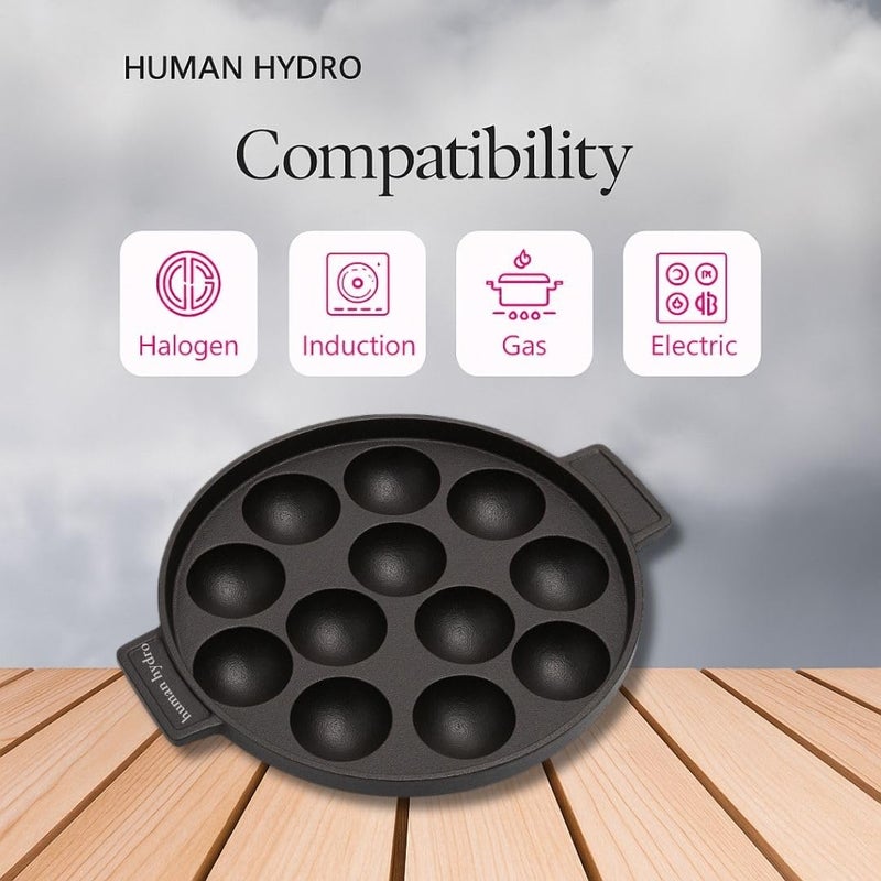 Human Hydro مقلاة بانيارام من الحديد الزهر مسبقة التتبيل (12 حفرة) مع غطاء ومغرفة خشبية | غير لاصقة بشكل طبيعي، متوافقة مع الحث والغاز | أدوات الطهي للبادو، الأبا، كوزي بانيارام والمزيد - Image 3