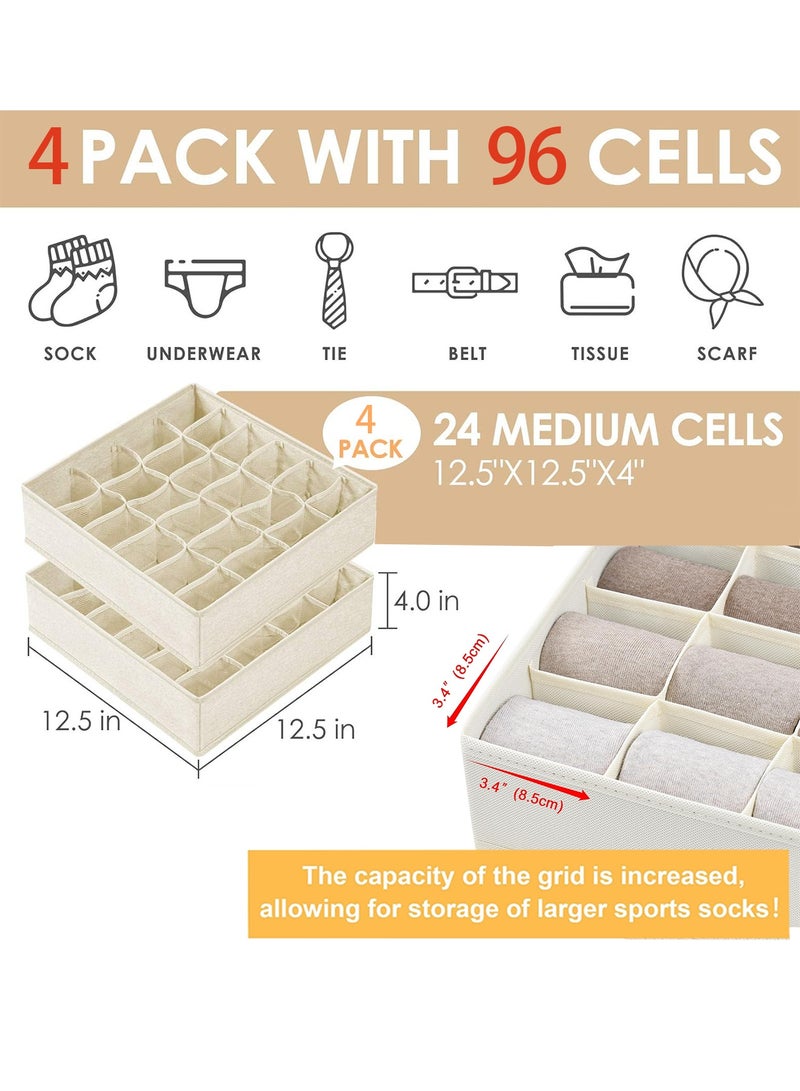 CUBEXELL 4 Pack Wardrobe Organiser Drawer Organiser, 96 Cell Fabric Foldable Cabinet Dresser Closet Organizers and Storage Boxes for Organizing Socks, Underwear, Ties Belts (24+24+24+24 Cell Underwear Organizer, Beige) - Image 2