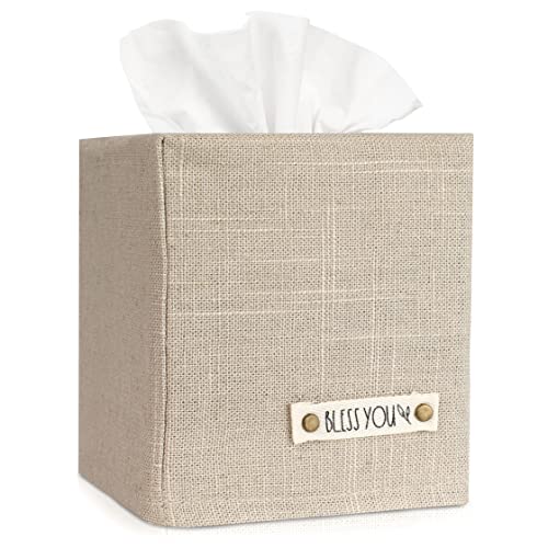 KIBAGA Stylish Tissue Box Cover - This Beige Linen Holder Instantly Covers Your Square Tissue Boxes - The Perfect Cube Cover for Your Bathroom and Home - Image 1