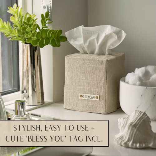 KIBAGA Stylish Tissue Box Cover - This Beige Linen Holder Instantly Covers Your Square Tissue Boxes - The Perfect Cube Cover for Your Bathroom and Home - Image 2